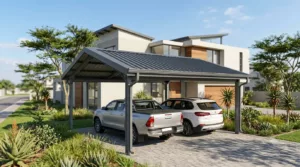 landscape photograph of a modern South African home with a newly built double carport featuring premium charcoal grey IBR roof sheeting.