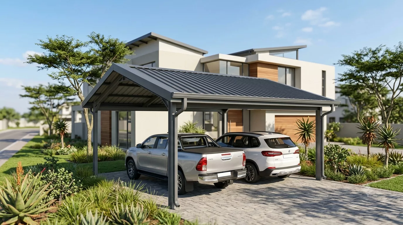 landscape photograph of a modern South African home with a newly built double carport featuring premium charcoal grey IBR roof sheeting.