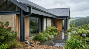 a modern South African home with a premium charcoal grey steel roof, matching steel gutters and downpipes during a light rain shower.