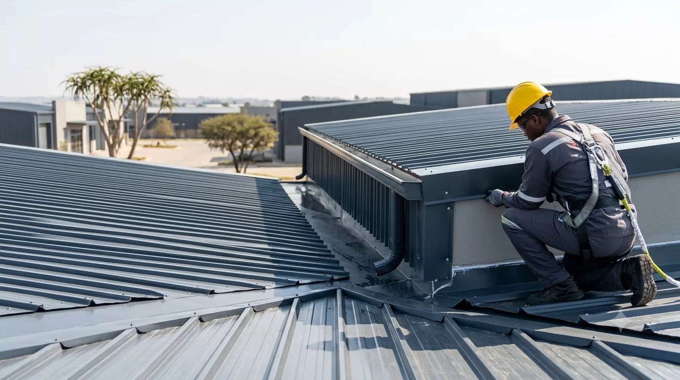 A professional roofer wearing safety equipment is carefully inspecting the flashings while standing on the roof.