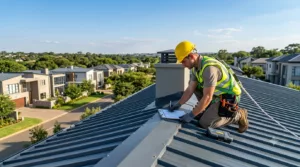 a professional roof inspector carrying out preventative maintenance on a modern charcoal grey steel roof in South Africa.