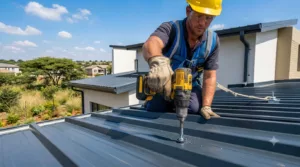 a professional roofer installing modern self-drilling roofing screws into charcoal grey IBR steel roof sheeting on a sunny day in South Africa.